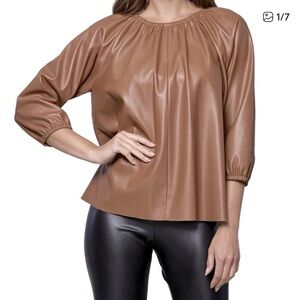 Dolce Cabo Taupe Faux leather puff Sleeve Peasant Blouse NEW NWT XS
